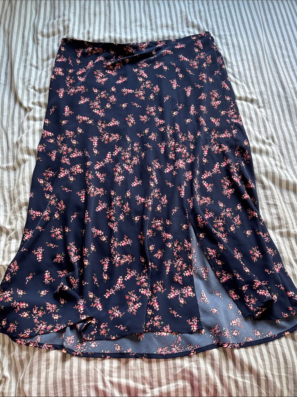 Time and Tru Navy Midi Skirt with Pink Floral Print